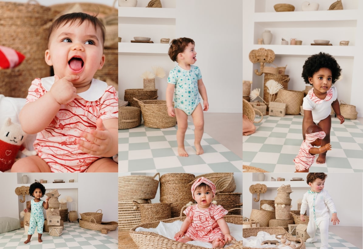 Montage de bébés en vêtements Bobo Bassari : bodies, pyjamas, robes et combinaisons aux motifs uniques