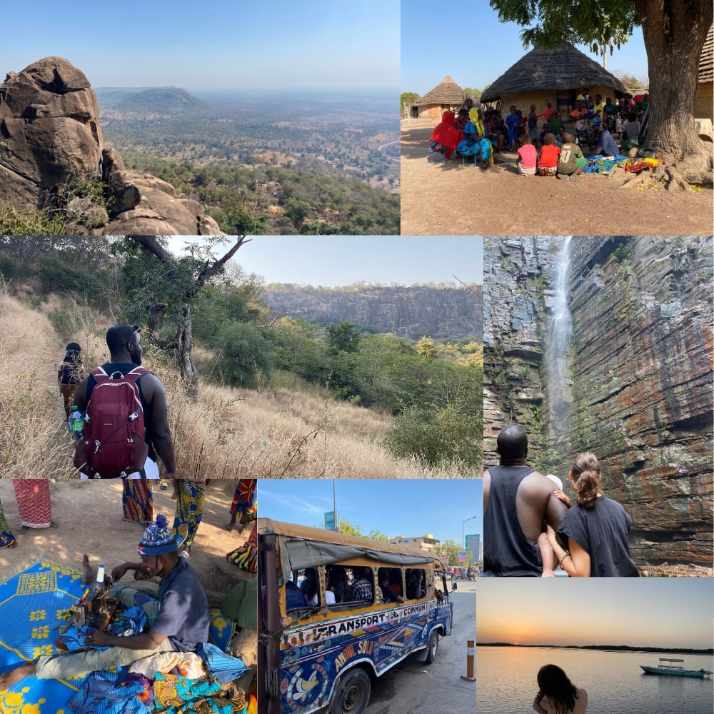 Photo montage illustrant un voyage au Sénégal avec des paysages emblématiques de la région de Bassari : montagnes, cascades, villages traditionnels, rencontres avec les habitants et moments en famille